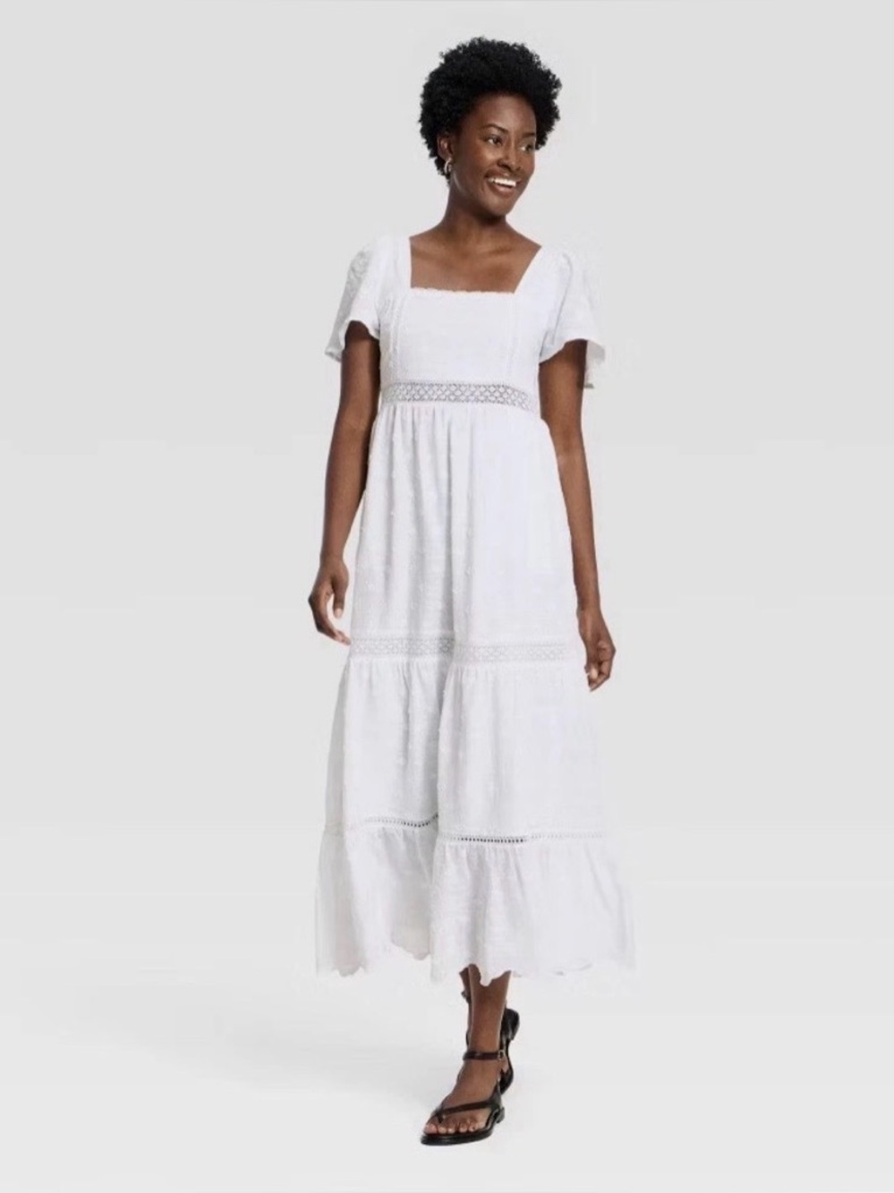 Universal Threads, White Square-Neck Maxi Dress with Lace Insets